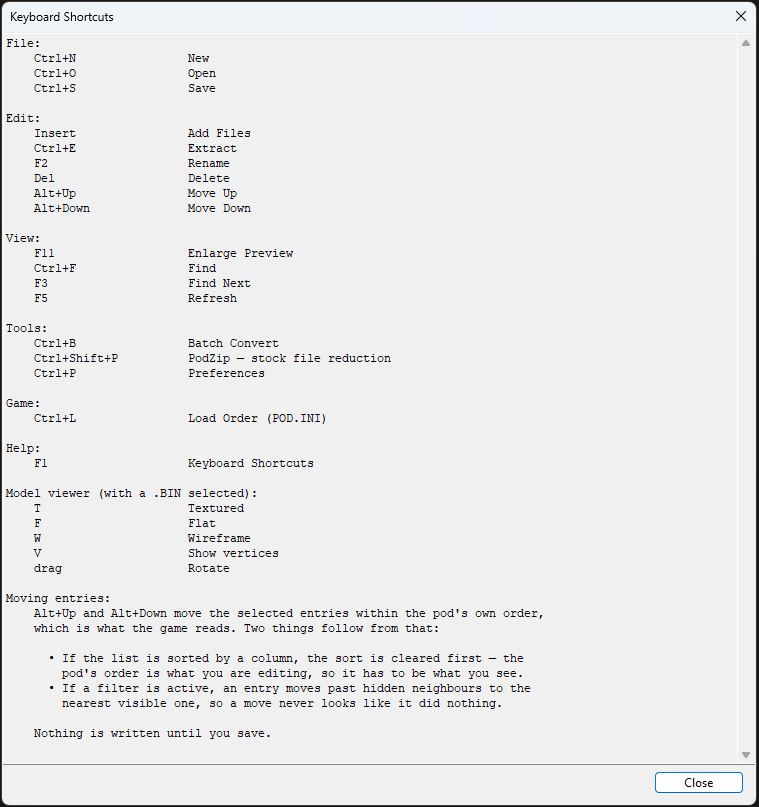 The Keyboard Shortcuts window inside C-POD