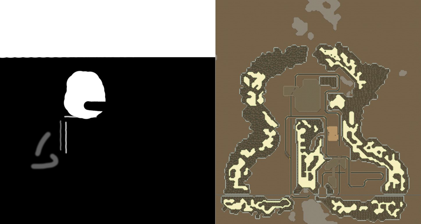 A painted greyscale mask beside the terrain reference export it was painted over