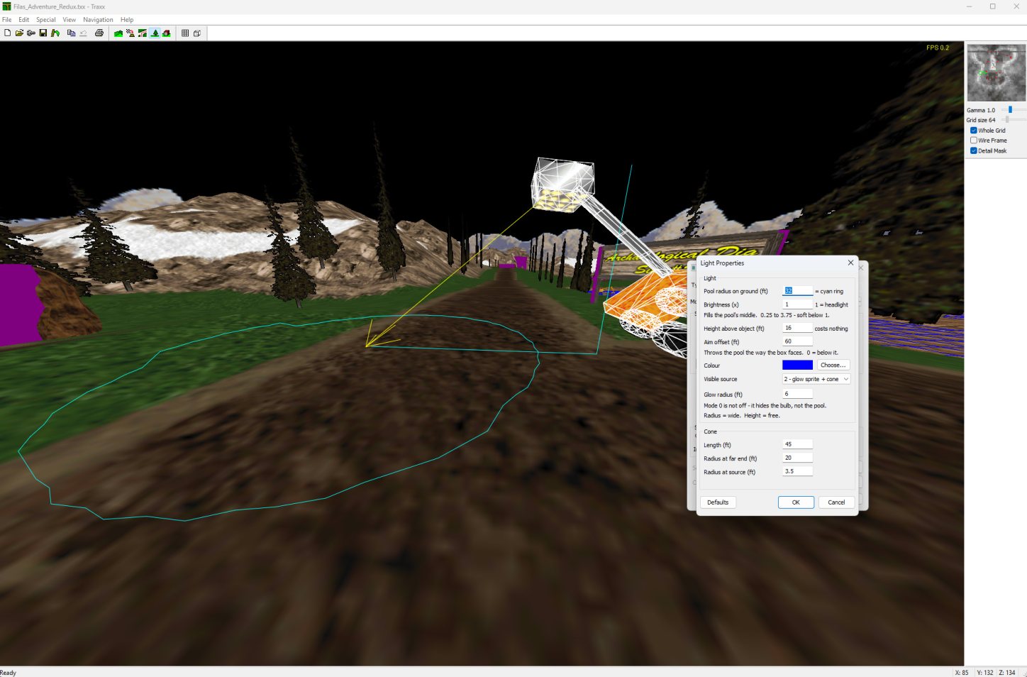 The Light Properties dialog beside a light being placed in the 3D view, with a cyan pool ring on the ground and a yellow aim line