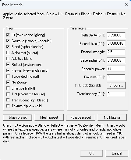 BinEdit's Face Material dialog with the Glass preset applied: flag checkboxes, numeric parameters, and three preset buttons