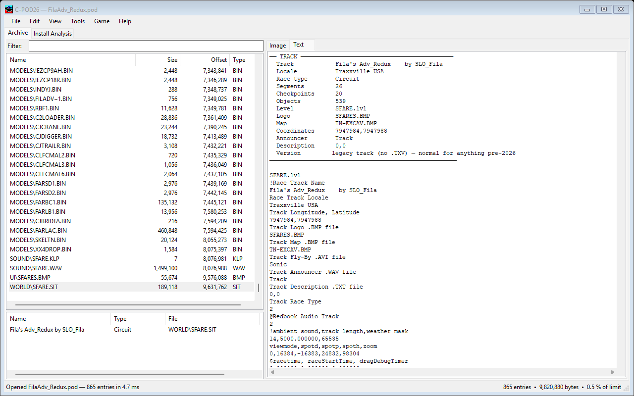 The C-Pod26 window: the Archive tab with a track selected and its map previewed on the right