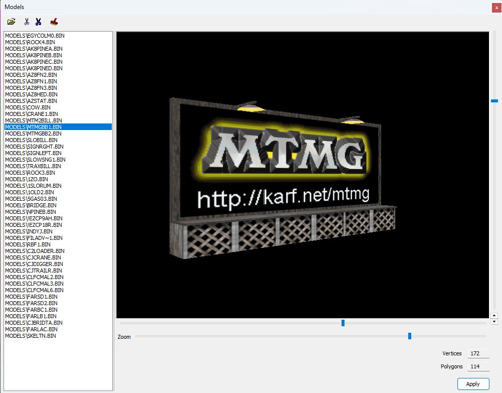 The Models window with a model drawn in the OpenGL preview, framed and zoomed
